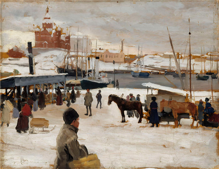 艾伯特·埃德菲尔特(Albert Edelfelt,芬兰画家)油画高清作品-《 赫尔辛基集市广场的冬日,学习(1889 年)》