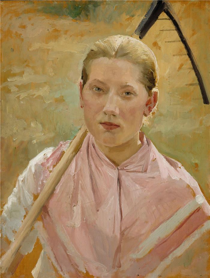 艾伯特·埃德菲尔特(Albert Edelfelt,芬兰画家)油画高清作品-《 拿着耙子的女孩,八月学习(1886 年)》