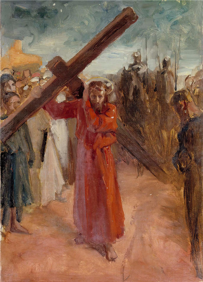 艾伯特·埃德菲尔特(Albert Edelfelt,芬兰画家)油画高清作品-《 基督背十字架 (1890 - 1895)》