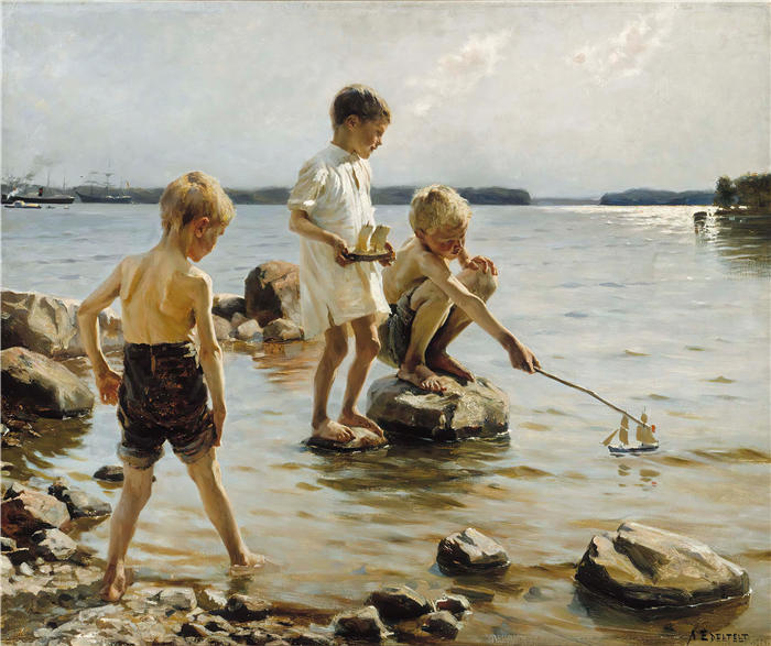 艾伯特·埃德菲尔特(Albert Edelfelt,芬兰画家)油画高清作品-《 男孩在岸边玩耍(1884 年)》