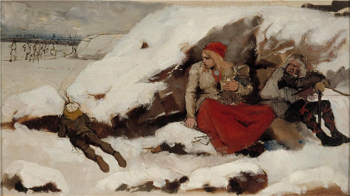 艾伯特·埃德菲尔特（Albert Edelfelt，芬兰画家）油画高清作品-《 研究被烧毁的村庄（1878 - 1879）》
