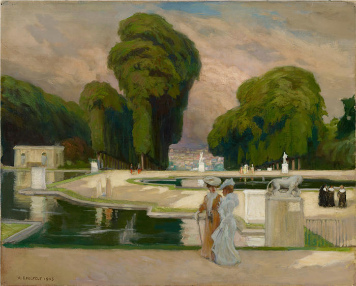 艾伯特·埃德菲尔特(Albert Edelfelt,芬兰画家)油画高清作品-《 来自巴黎圣克劳德公园(1905 年)》