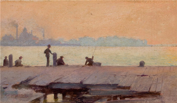 查尔斯·考特尼·柯伦(Charles Courtney Curran，美国画家)高清作品-《码头上的渔民 (1895)》