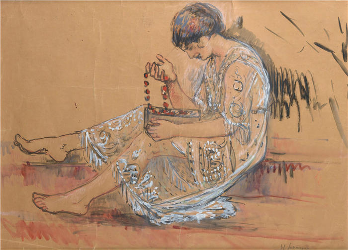 亨利·勒巴斯克(Henri Lebasque,法国画家)高清作品-《戴项链的女人(1917年)》