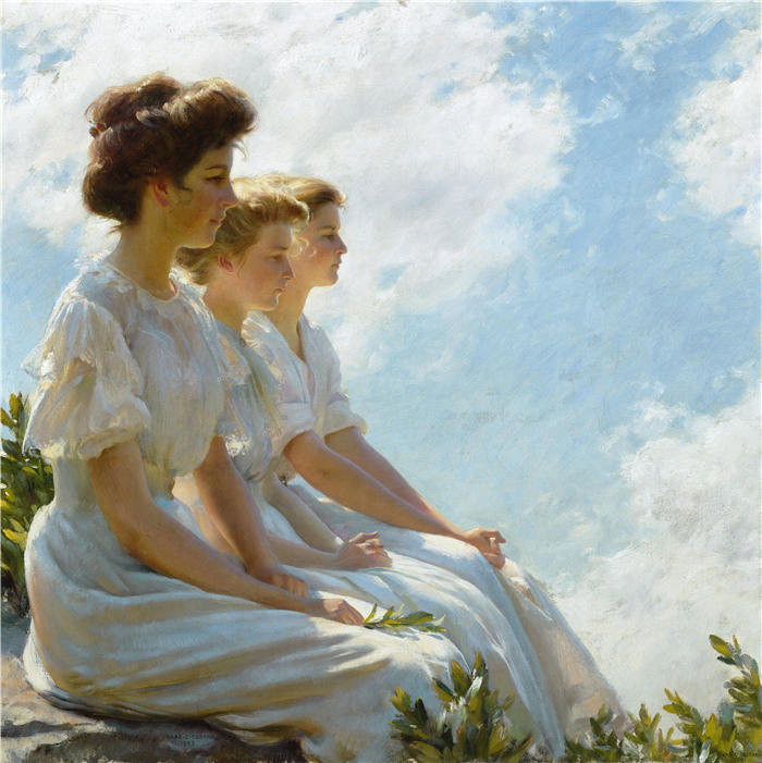 查尔斯·考特尼·柯伦(Charles Courtney Curran，美国画家)高清作品-《在高地（大约 1909 年）》