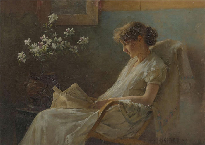 查尔斯·考特尼·柯伦(Charles Courtney Curran，美国画家)高清作品-《舒适的角落 (1887)》