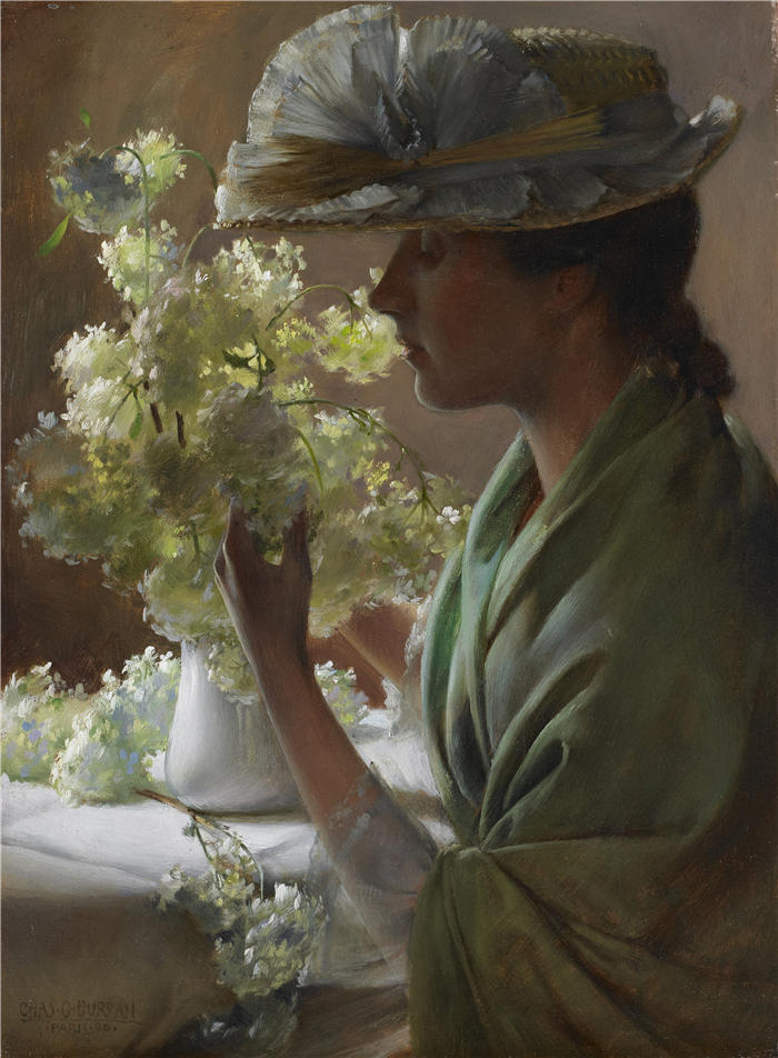 查尔斯·考特尼·柯伦(Charles Courtney Curran，美国画家)高清作品-《拿着花束的女士（雪球）（1890 年）》