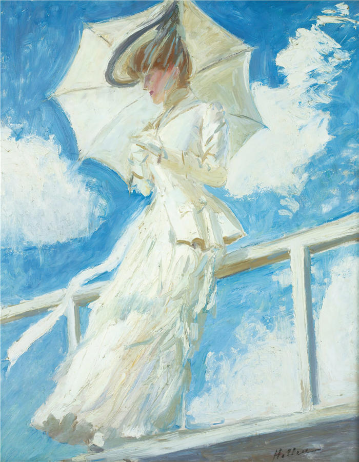 保罗·塞萨尔·赫勒 (Paul César Helleu，法国画家)高清作品-《 Helleu 夫人带着雨伞的肖像》
