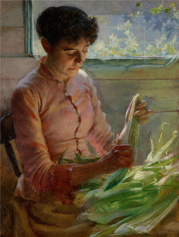 查尔斯·考特尼·柯伦(Charles Courtney Curran,美国画家)高清作品-《剥玉米 (1891)》