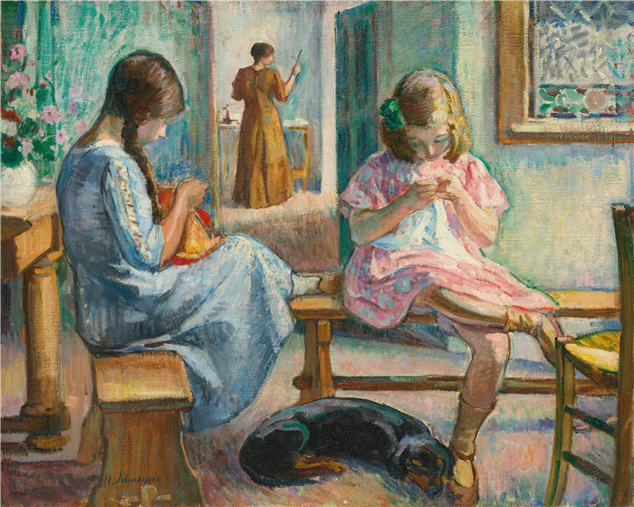 亨利·勒巴斯克（Henri Lebasque，法国画家）高清作品-《Marthe和Nono缝制内饰（1910）》