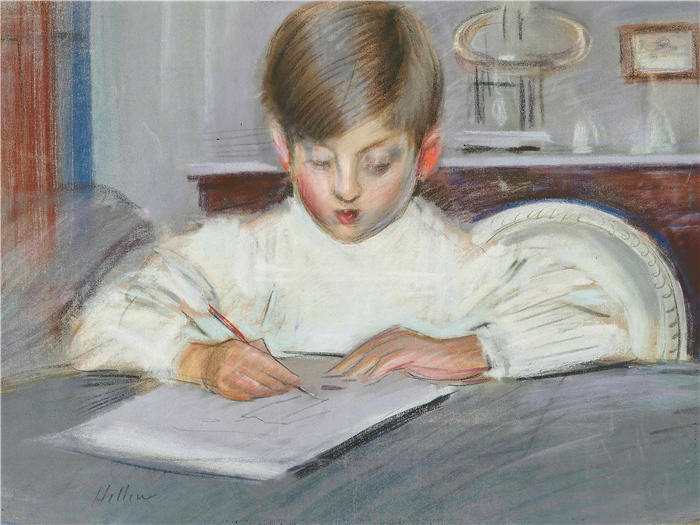 保罗·塞萨尔·赫勒 (Paul César Helleu,法国画家)高清作品-《 绘画课》