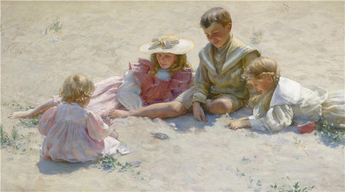 查尔斯·考特尼·柯伦(Charles Courtney Curran，美国画家)高清作品-《海边的孩子 (1896)》