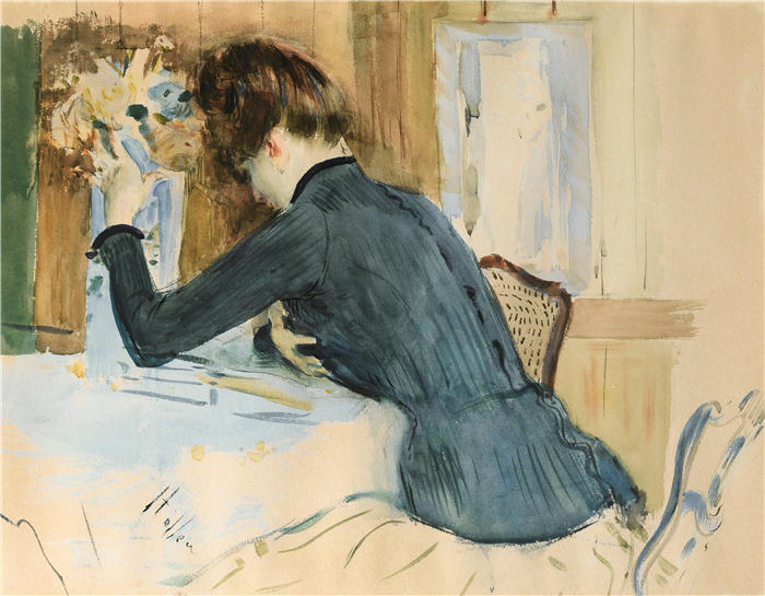 保罗·塞萨尔·赫勒 (Paul César Helleu,法国画家)高清作品-《 一位年轻女士的个人资料肖像》