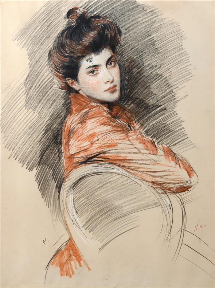 保罗·塞萨尔·赫勒 (Paul César Helleu，法国画家)高清作品-《 Elisabeth Van Biema 的肖像》