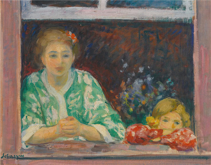 亨利·勒巴斯克（Henri Lebasque，法国画家）高清作品-《窗外的女人和女孩》