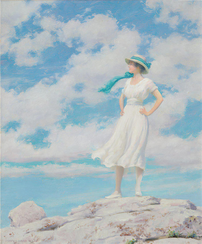 查尔斯·考特尼·柯伦(Charles Courtney Curran,美国画家)高清作品-《Summy Sky(在峰会上)(c 1918)》