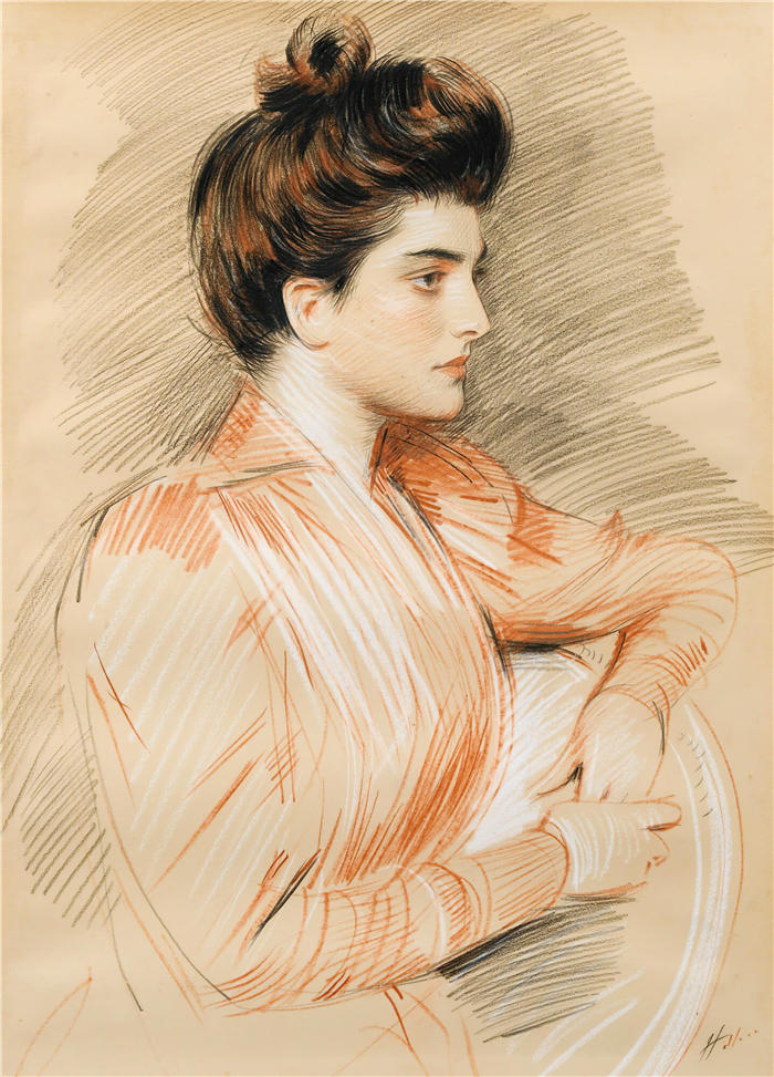 保罗·塞萨尔·赫勒 (Paul César Helleu，法国画家)高清作品-《 Elisabeth Van Biema 的个人肖像》