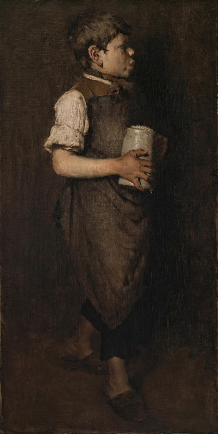 威廉·梅里特·蔡斯（William Merritt Chase，美国画家）高清油画作品下载-《吹口哨的男孩 (1875)》