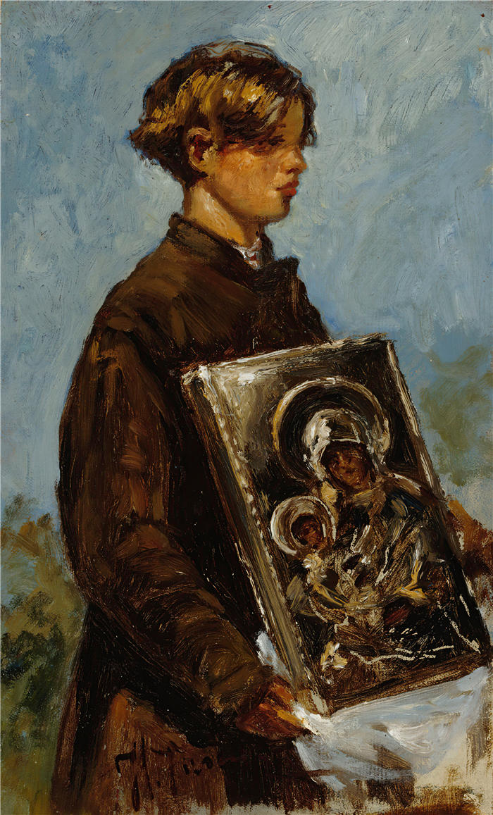 伊利亚·列宾（ Ilya Repin,俄罗斯画家）高清油画作品-《小男孩背着圣像，素描（1880 年）》