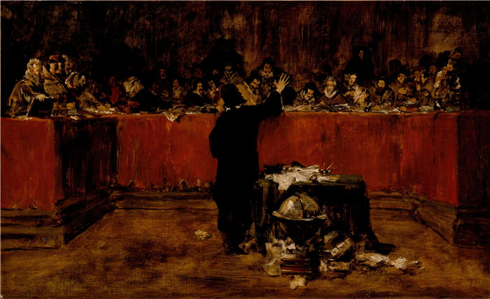 威廉·梅里特·蔡斯（William Merritt Chase，美国画家）高清油画作品下载-《克里斯托弗·哥伦布在西班牙议会前（大约 1876 年）》