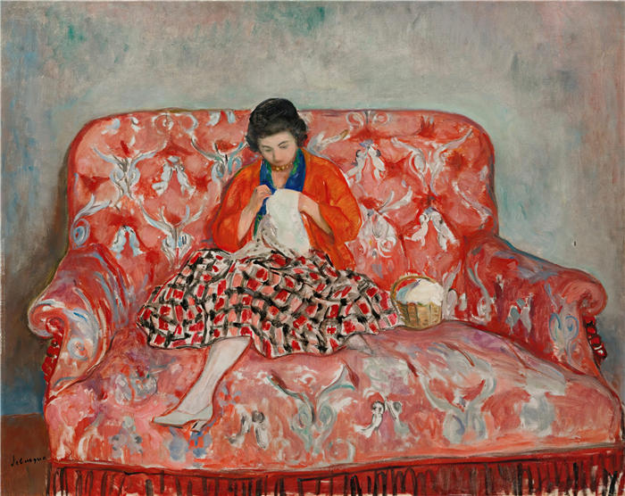 亨利·勒巴斯克（Henri Lebasque，法国画家）高清作品-《小女孩缝沙发1925》
