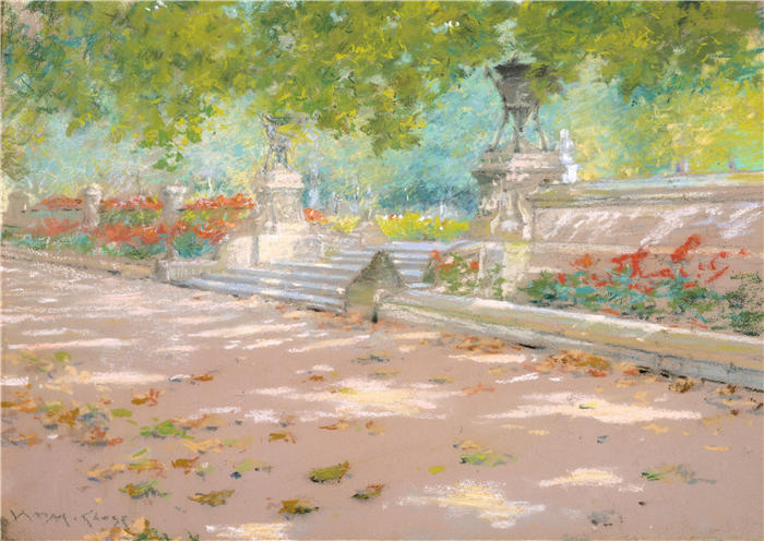 威廉·梅里特·蔡斯（William Merritt Chase，美国画家）高清油画作品下载-《展望公园露台（约 1887 年）》