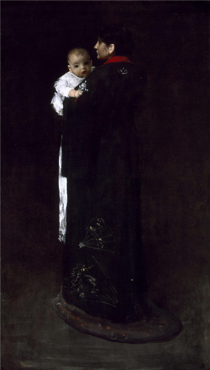 威廉·梅里特·蔡斯（William Merritt Chase，美国画家）高清油画作品下载-《母子（第一幅）》