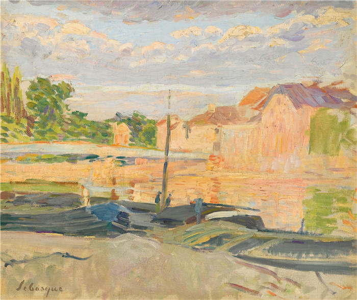 亨利·勒巴斯克（Henri Lebasque，法国画家）高清作品-《马恩河畔的驳船（1905年）》