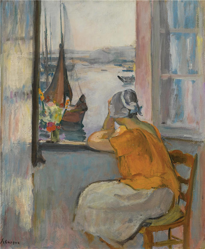 亨利·勒巴斯克（Henri Lebasque，法国画家）高清作品-《杨岛窗外的年轻女子》