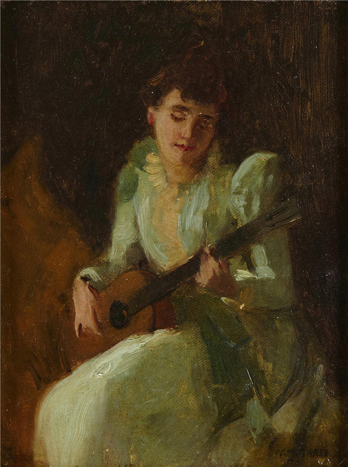 威廉·梅里特·蔡斯（William Merritt Chase，美国画家）高清油画作品下载-《弹吉他的女士》