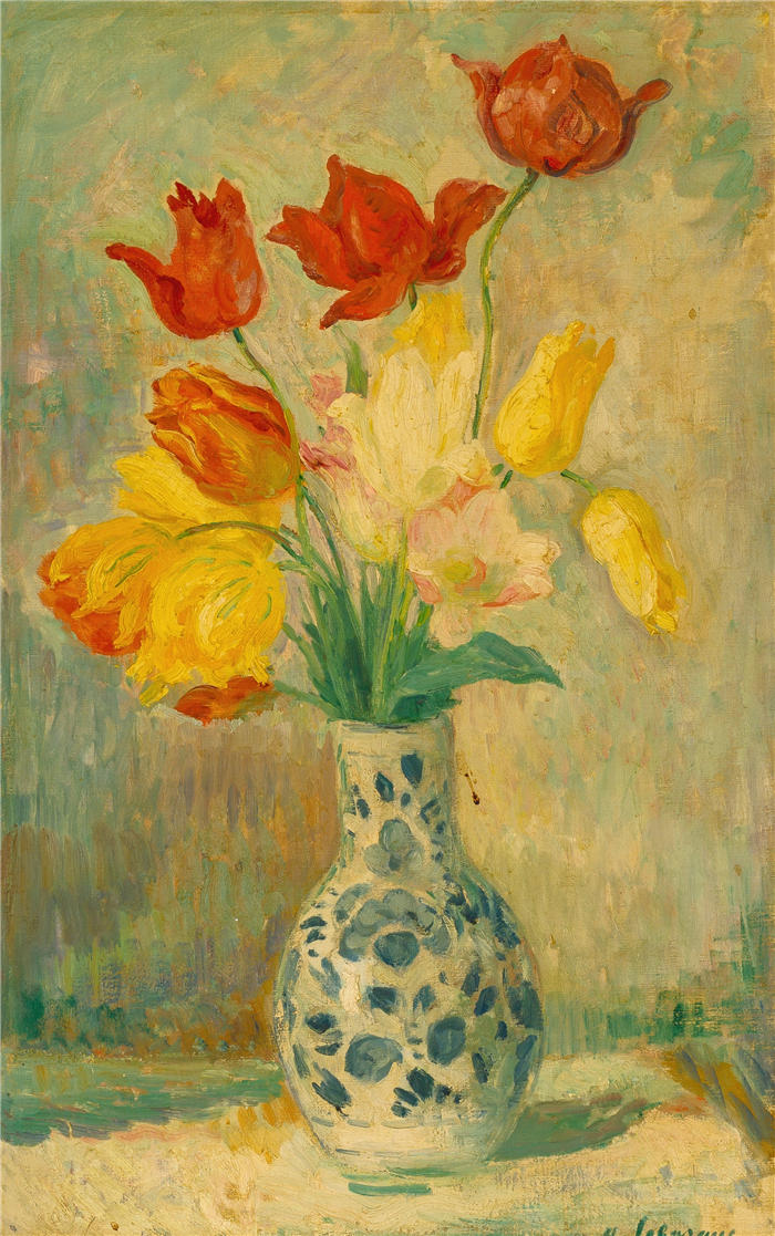 亨利·勒巴斯克（Henri Lebasque，法国画家）高清作品-《花瓶中的郁金香》
