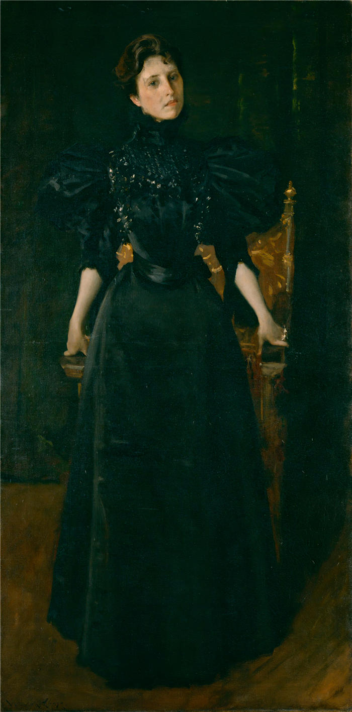 威廉·梅里特·蔡斯（William Merritt Chase，美国画家）高清油画作品下载-《黑衣女士肖像（约 1895 年）》