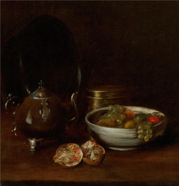 威廉·梅里特·蔡斯（William Merritt Chase，美国画家）高清油画作品下载-《有茶壶和水果的静物（约 1905 年）》