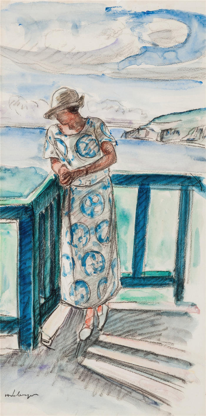 亨利·勒巴斯克（Henri Lebasque，法国画家）高清作品-《阳台的女人》