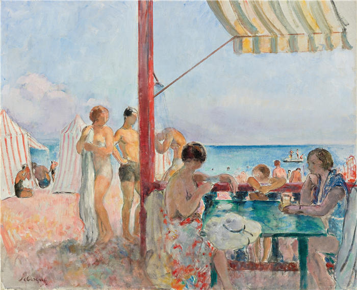 亨利·勒巴斯克（Henri Lebasque，法国画家）高清作品-《海滩酒吧（1923-1925）》