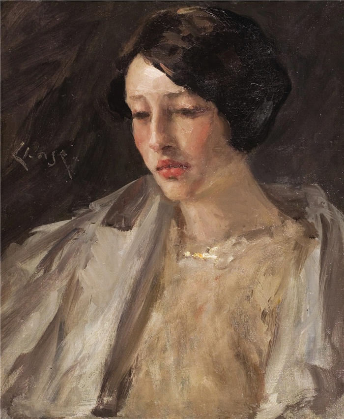 威廉·梅里特·蔡斯（William Merritt Chase，美国画家）高清油画作品下载-《Esther M. Groome 的肖像（约 1912 年）》