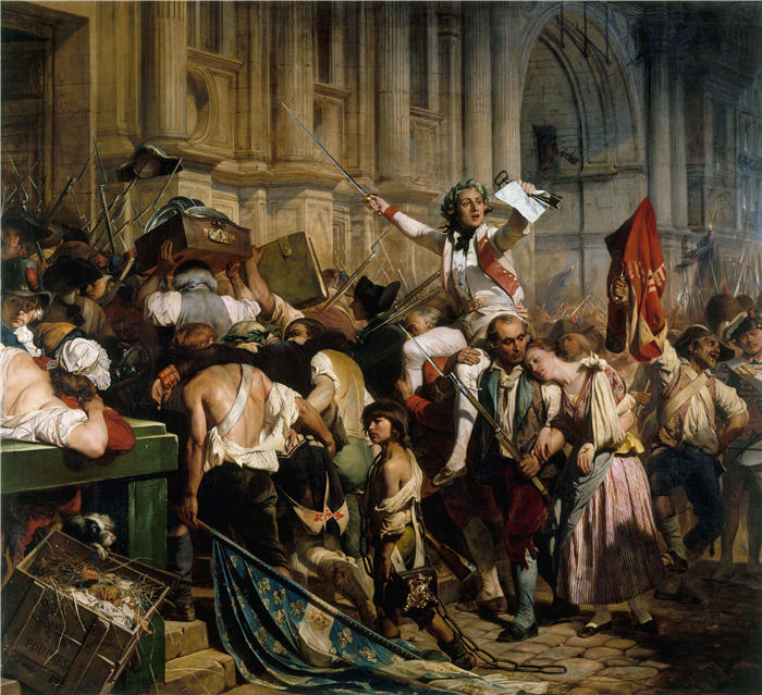 保罗·德拉罗什（Paul Delaroche，法国画家）高清油画作品-《市政厅前的巴士底狱胜利者，1789 年 7 月 14 日（1830-1838）》