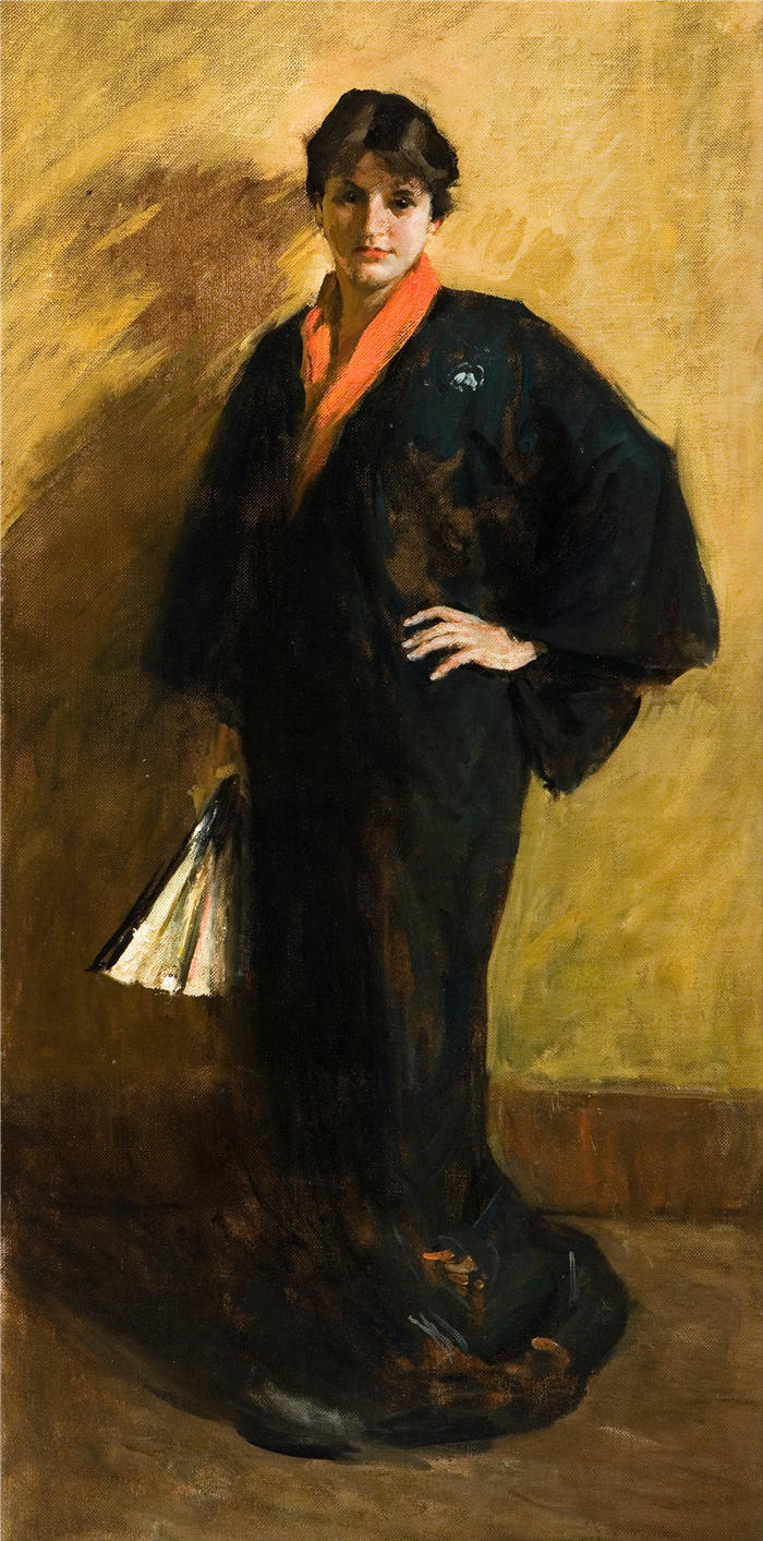 威廉·梅里特·蔡斯（William Merritt Chase，美国画家）高清油画作品下载-《蓝色和服》