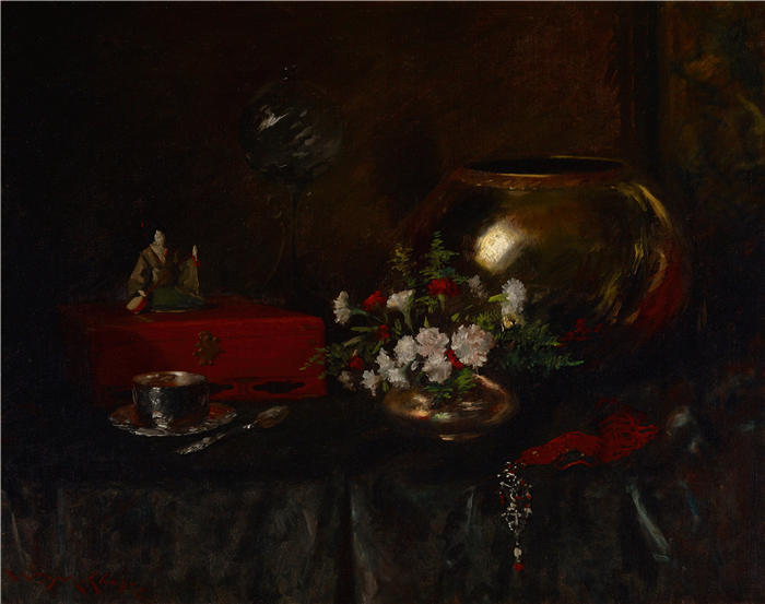 威廉·梅里特·蔡斯（William Merritt Chase，美国画家）高清油画作品下载-《静物（黄铜碗）（1903 年）》