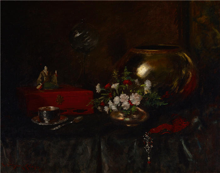 威廉·梅里特·蔡斯(William Merritt Chase,美国画家)高清油画作品下载-《静物(黄铜碗)(1903 年)》