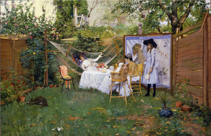 威廉·梅里特·蔡斯（William Merritt Chase，美国画家）高清油画作品下载-《露天早餐》