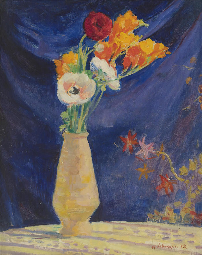 亨利·勒巴斯克（Henri Lebasque，法国画家）高清作品-《蓝底海葵花瓶（1912）》