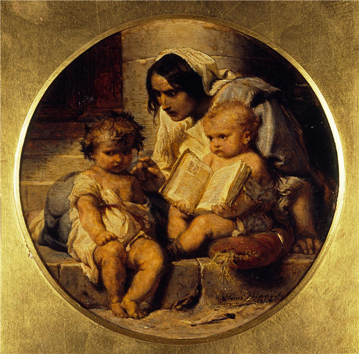 保罗·德拉罗什（Paul Delaroche，法国画家）高清油画作品-《学习阅读的孩子 (1848)》