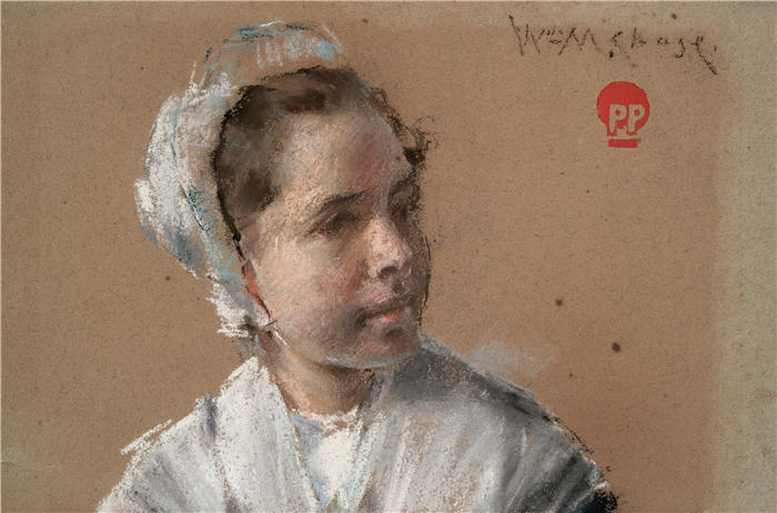威廉·梅里特·蔡斯（William Merritt Chase，美国画家）高清油画作品下载-《少女的头颅（19 世纪）》
