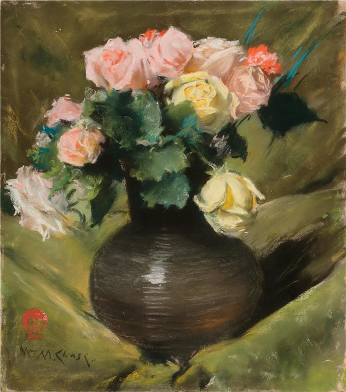 威廉·梅里特·蔡斯（William Merritt Chase，美国画家）高清油画作品下载-《玫瑰（约 1883 年）》
