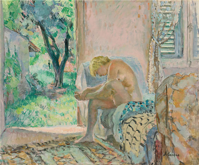亨利·勒巴斯克（Henri Lebasque，法国画家）高清作品-《裸 体坐在靠窗的沙发上（1934-1935）》
