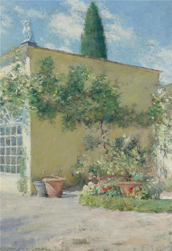 威廉·梅里特·蔡斯（William Merritt Chase，美国画家）高清油画作品下载-《佛罗伦萨大通别墅橘园（约 1910 年）》