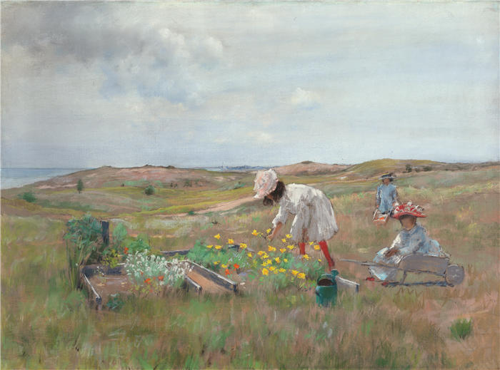 威廉·梅里特·蔡斯（William Merritt Chase，美国画家）高清油画作品下载-《收集鲜花，长岛 Shinnecock（约 1897 年）》