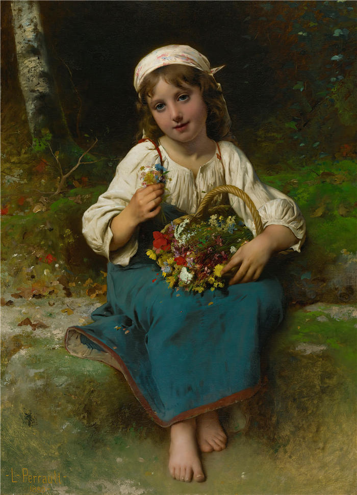 莱昂-让-​​巴塞尔·佩罗（Léon-Jean-Bazille Perrault,法国画家）高清作品下载《拿着一篮花的小女孩（1880 年）》