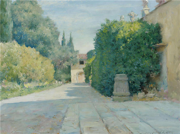 威廉·梅里特·蔡斯（William Merritt Chase，美国画家）高清油画作品下载-《佛罗伦萨别墅（约 1909 年）》